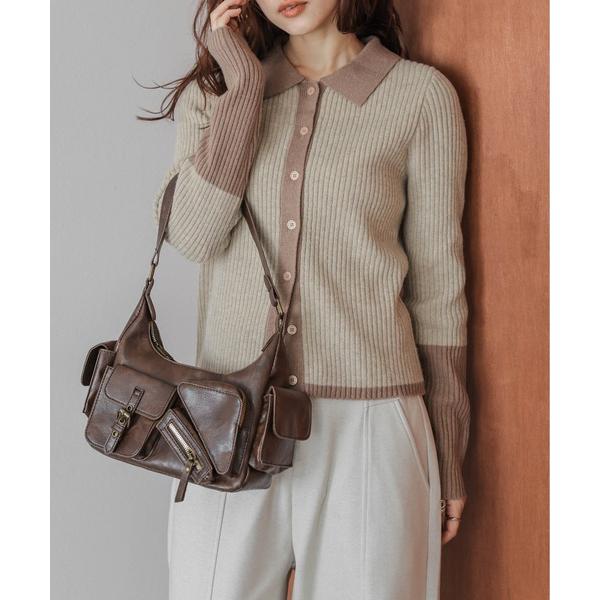 カーディガン バイカラー ニット ポロカーディガン レディース