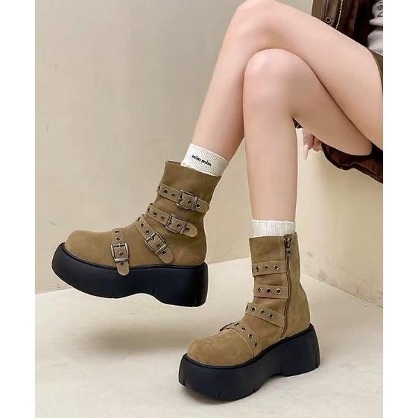 ブーツ マルチベルト厚底ショートブーツ レディース