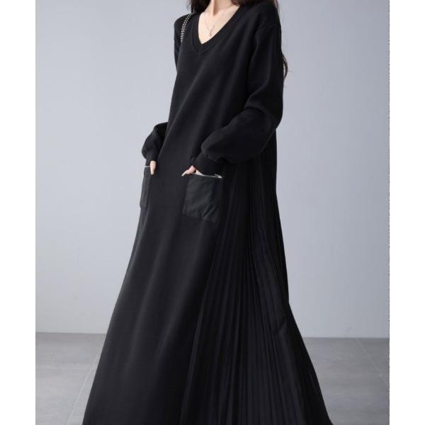 ワンピース サイドプリーツ異素材ドッキングワンピース