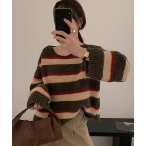 ニット セーター 配色ボーダーニットプルオーバー レディース