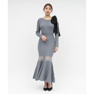 ワンピース 「丈が選べる」ワンショルリボンシアー切替ニットマーメイドワンピース