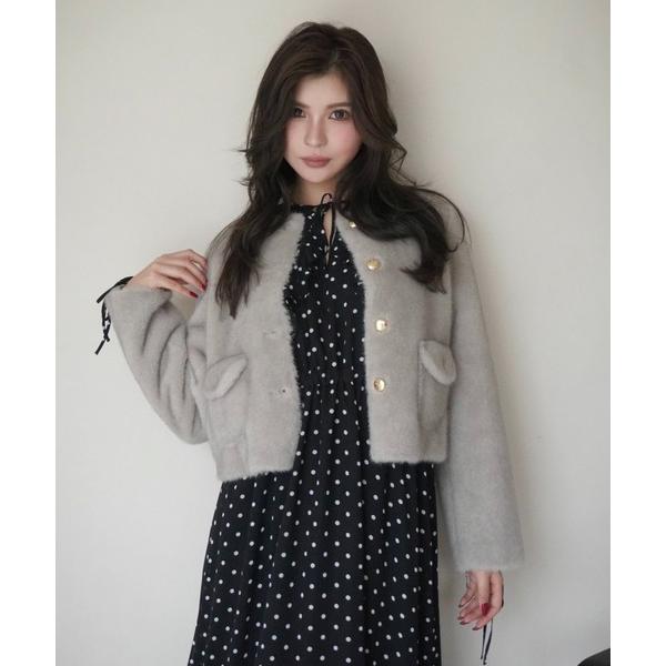 ジャケット ノーカラージャケット ゴールドボタンフェイクファージャケット レディース