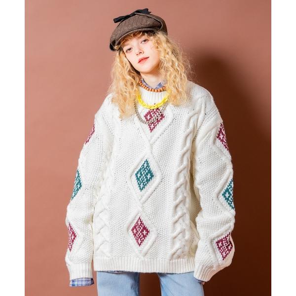 セーター ニット a.p.o.v. ネイティブライクダイヤ柄ミックスケーブル肉厚アクリルニットオーバ...