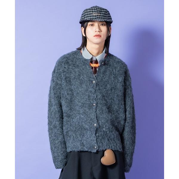 カーディガン a.p.o.v. モヘアタッチファーニットオーバーサイズ刻印メタルボタンクルーネックカ...