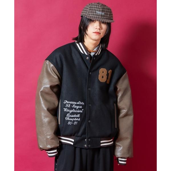 スタジャン a.p.o.v. チェーンステッチ刺繍サガラワッペンウール＆合成皮革切替キルティング中綿...