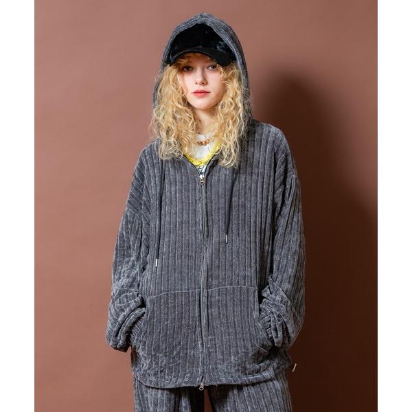 パーカー a.p.o.v. ベルベットタッチケーブルテイストリブニットオーバーサイズジップアップパー...