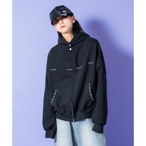 パーカー a.p.o.v. ネイティブスタッズデザインボリュームネックスウェットオーバーサイズジップ...