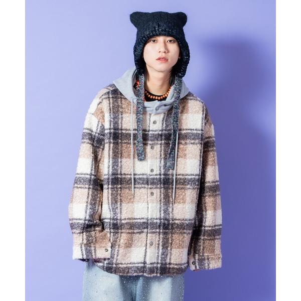 コート ジャケット a.p.o.v. チェック柄カーリーボアスウェットフード切り替えオーバーサイズシ...