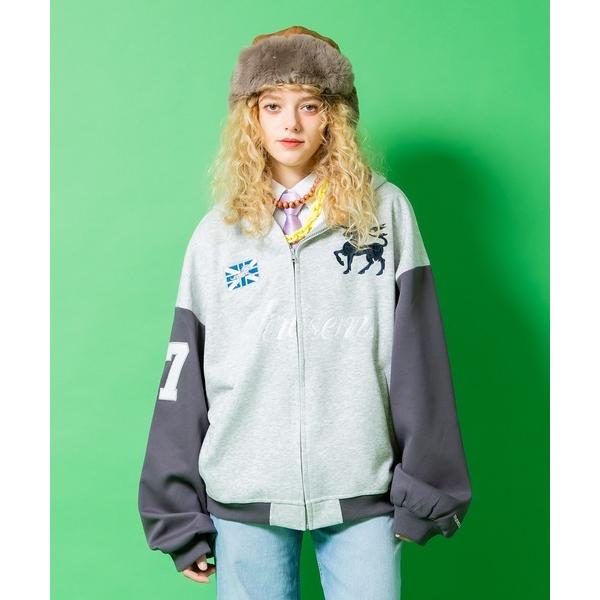 パーカー a.p.o.v. フェルトワッペン＆ナンバリング刺繍スタジャンライクツートーン切替スウェッ...