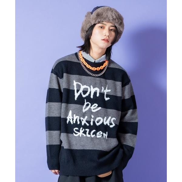 セーター ニット a.p.o.v. ストリートフォントロゴメッセージワイドボーダーオーバーサイズニッ...