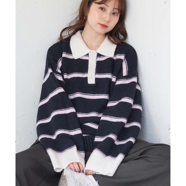 ニット セーター ボーダーポロ襟ニットプルオーバー レディース