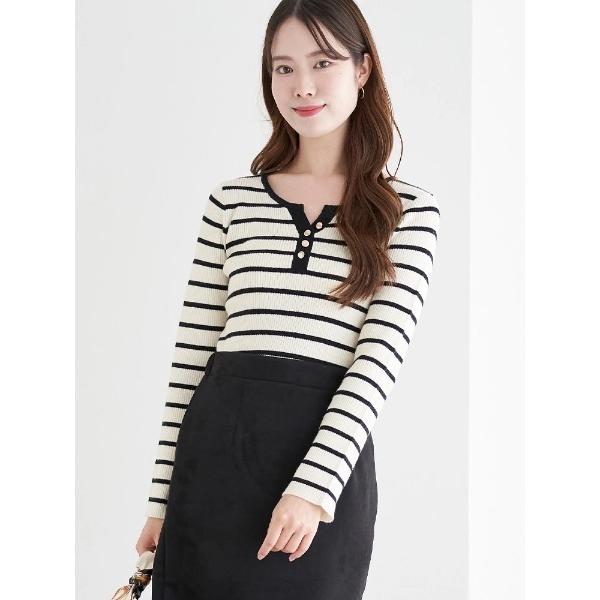 ニット セーター ヘンリーネックリブニットトップス（無地・ボーダー柄） レディース
