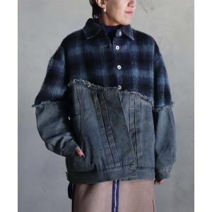 デニムジャケット gジャン チェックシャギーデニムブルゾン レディース