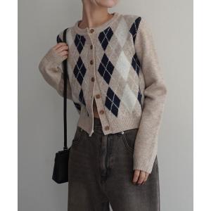 カーディガン アーガイルニットカーディガン レディース
