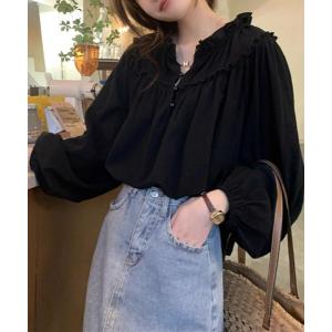 ブラウス シャツ 軽やかに揺れて女性らしくフリルネックボリュームスリーブブラウス レディース