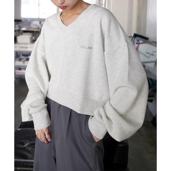 トレーナー スウェット Vネック刺繍ショート丈スウェット レディース