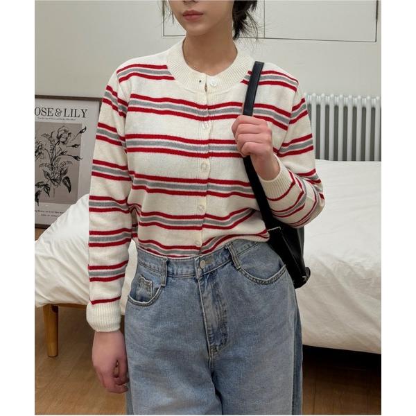 カーディガン クルーネックボーダーニットカーディガン レディース