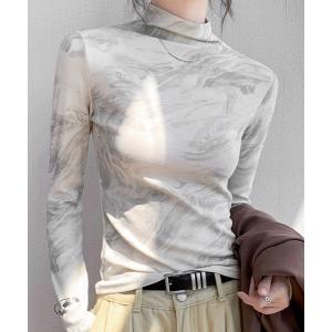 tシャツ ハイネックニュアンス総柄トップス レディース