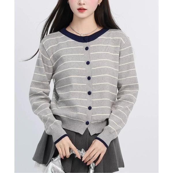 カーディガン 配色ボタン丸首ボーダーカーディガン レディース