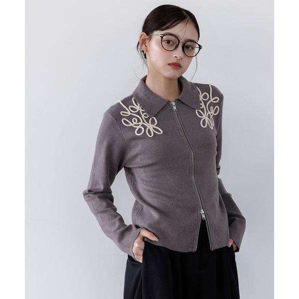 ニット セーター 刺繍ジップニット レディース