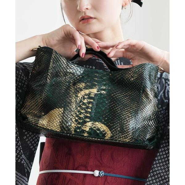 トートバッグ ウェーブトートバッグ PYTHON パイソン グリーン×ゴールド レディース