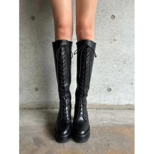 ブーツ フェイクレザーレースアップロングブーツ レディース