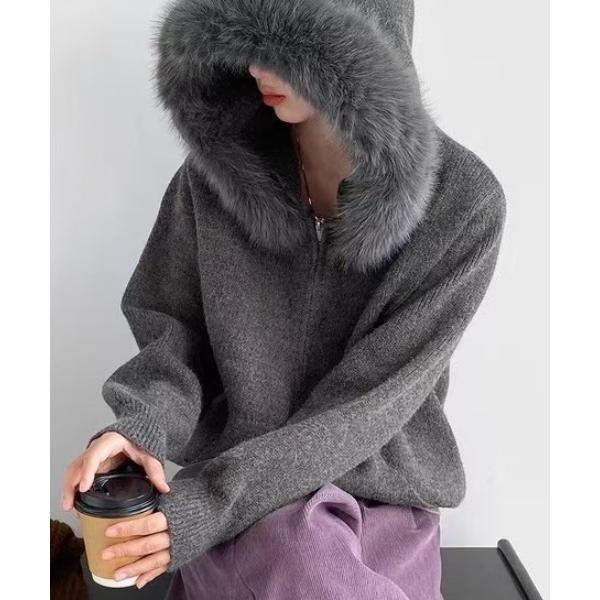 カーディガン ファーフーディーダブルジップニット レディース