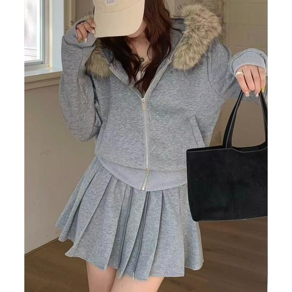セットアップ ファーフーディーZIPパーカー＋プリーツミニスカートセットアップ レディース
