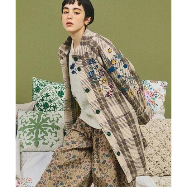 コート アウター Calle de Bordadores チェック×フラワー刺繍コート レディース