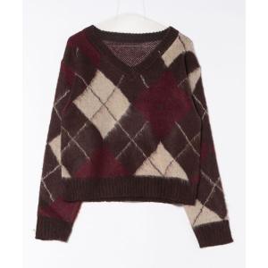 ニット セーター アクリルモヘヤアーガイルVネックニット「手洗い可能」 レディース