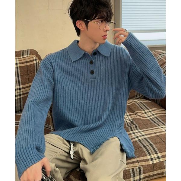 セーター ニット カッティングフリンジリブポロニット メンズ レディース