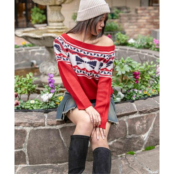 ニット セーター 「ノルディック風リボン柄×ワイドネック」ゆるシルエットショート丈ニットプルオーバー...