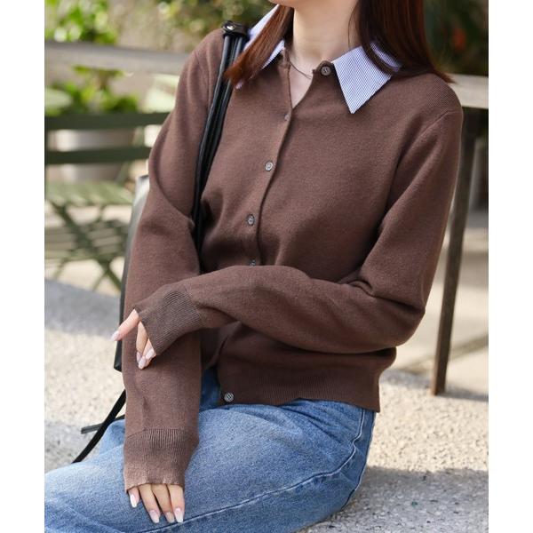 カーディガン 異素材切替シャツドッキングニットカーディガン レディース