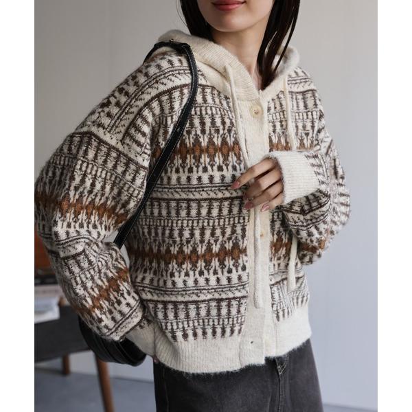 ニット セーター ノルディック柄ニットパーカー レディース