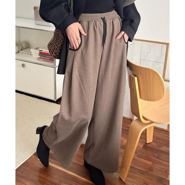 パンツ 配色パイピング タックワイドパンツ レディース