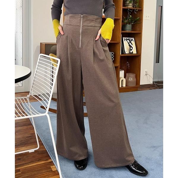 ワイドパンツ パンツ フロントジップハイウエストワイドパンツ レディース