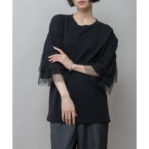tシャツ 裏毛×チュールラッフルスリーブトップス レディース