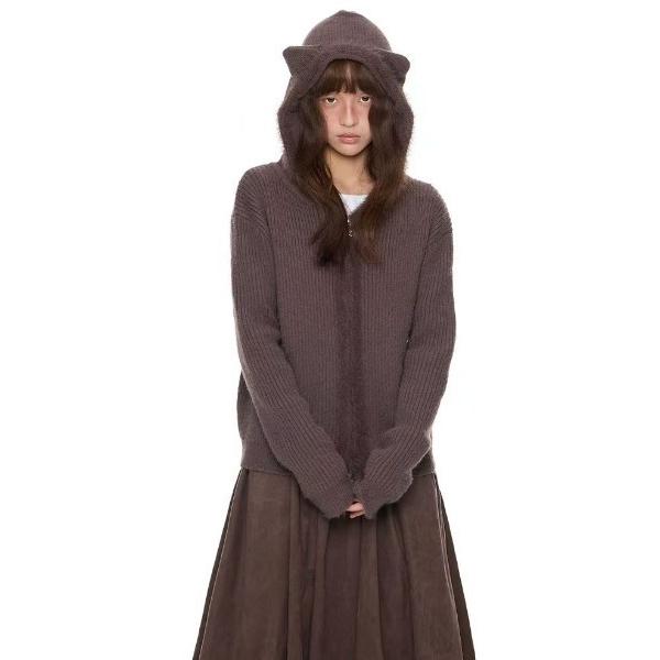 ニット セーター ねこ耳ファーフードリブニットパーカー レディース