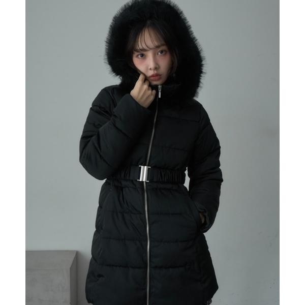 ダウンコート ダウンジャケット ベルト付ファーフード中綿ミドルジャケット レディース