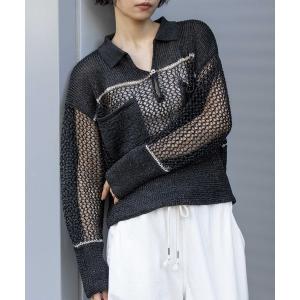 ニット セーター リブ編み×スカシ編みポロニット レディース