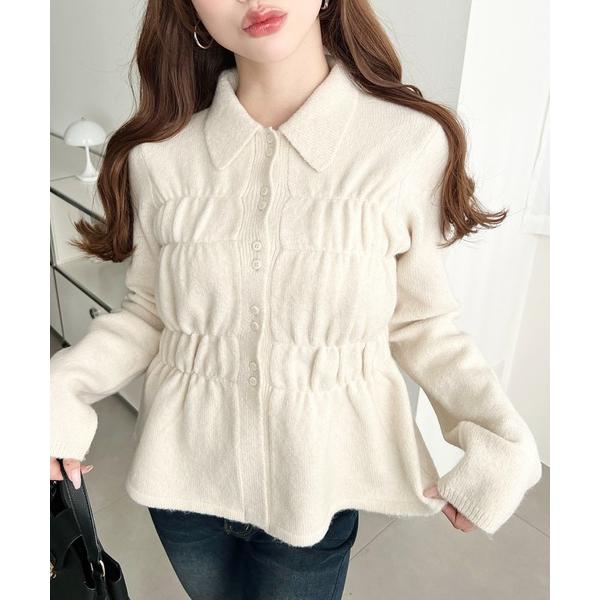 カーディガン シャーリングえり付きニットカーディガン レディース