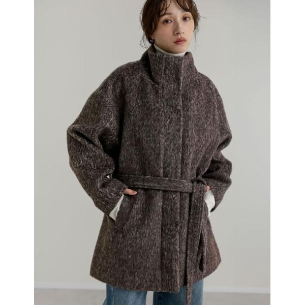 ステンカラーコート コート 「低身長サイズ有」ミックスシャギースタンドカラーベルト付きコート レディ...