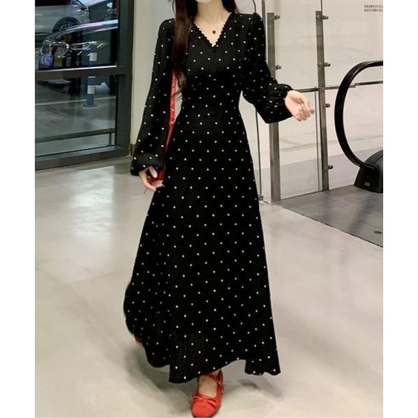ワンピース ドットVネックロングワンピース