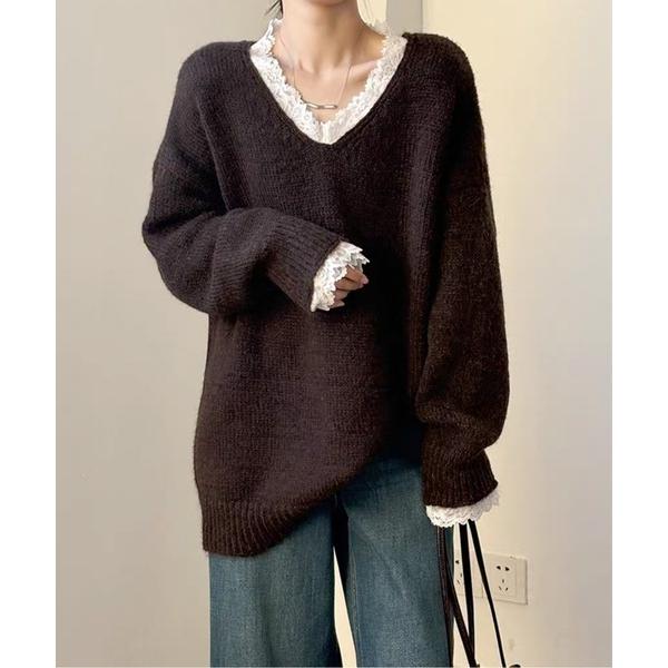 ニット セーター レースインナー風Vネックゆるニットプルオーバー レディース
