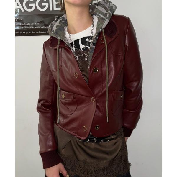 コート アウター リブスタンドレザーショートジャケット レディース