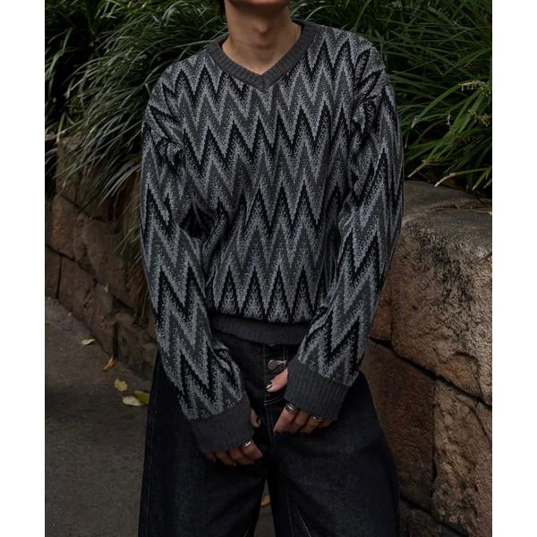 セーター ニット vネックジグザグパターンニット メンズ レディース