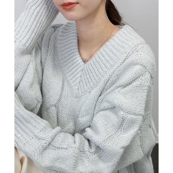 ニット セーター スリット糸ケーブル編みVネックプルオーバー レディース