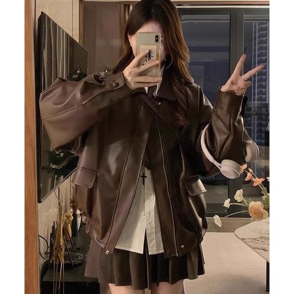 コート アウター PU オーバーサイズ フェイクレザー ジャケット/ ブルゾン 韓国 レディース メ...