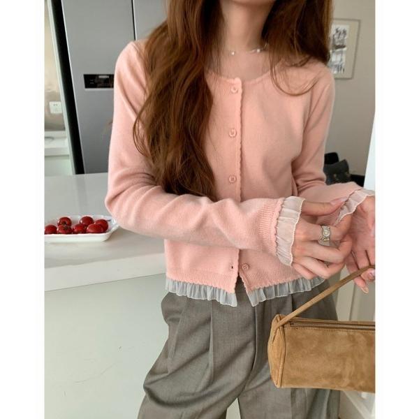 カーディガン シアーフリル切替え丸首ニットカーディガン レディース