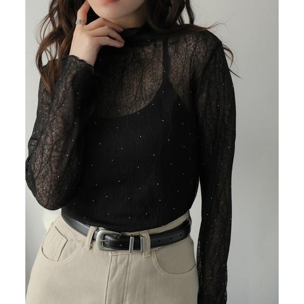 tシャツ メロウハイネックシアーラメトップス レディース